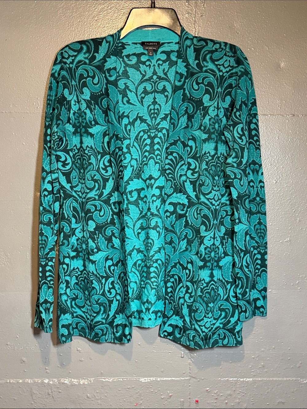 Talbots Teal and Black Damask Open-Front Sweater